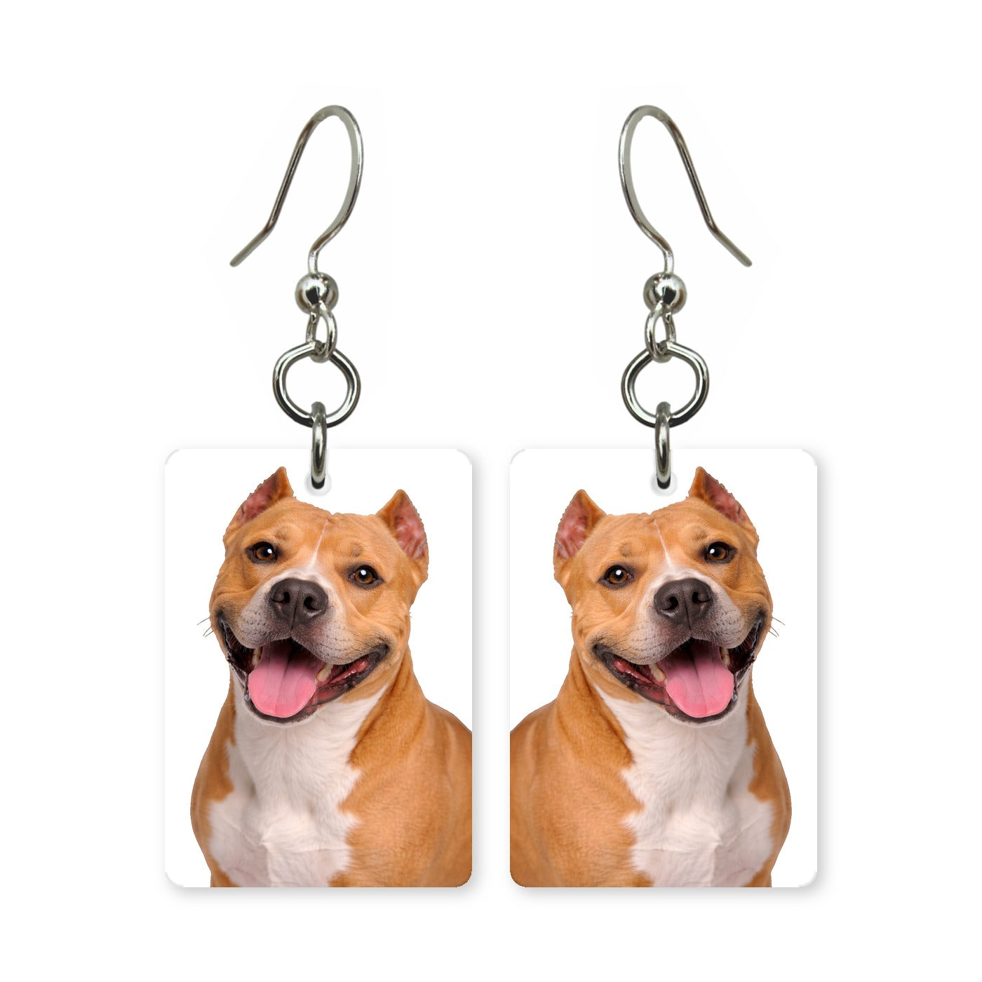 Staffordshire Terrier earrings — Staffy dog portrait with wide grin, cut paper, made in USA