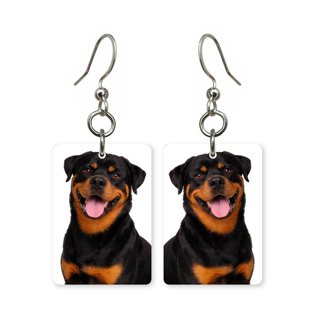 Rottweiler earrings — black and rust Rottweiler portrait in cut paper, made in USA