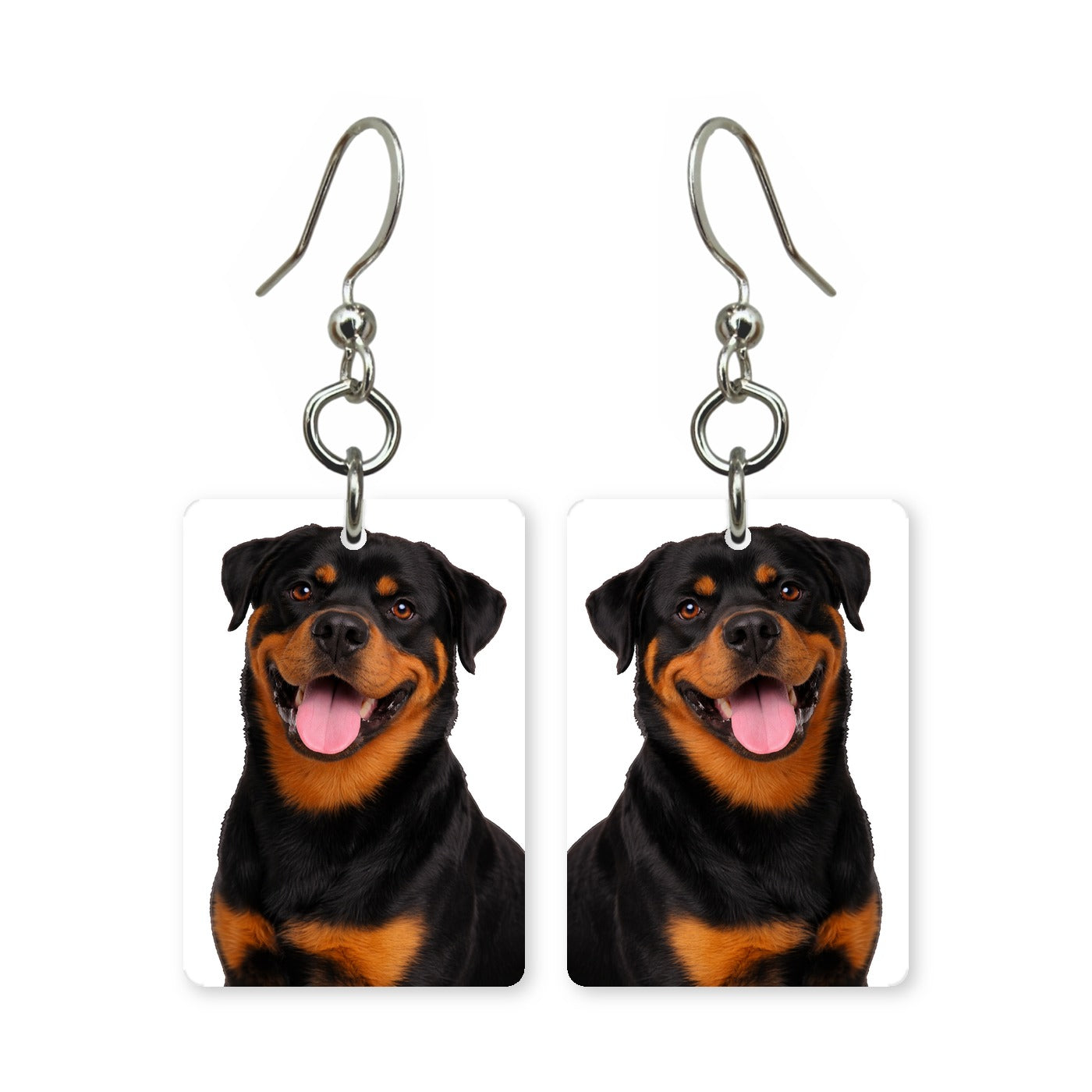 Rottweiler earrings — black and rust Rottweiler portrait in cut paper, made in USA
