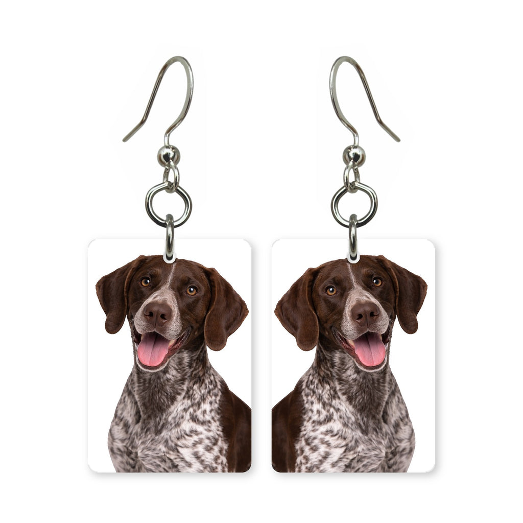 German Shorthaired Pointer earrings — speckled GSP dog portrait in cut paper, made in USA
