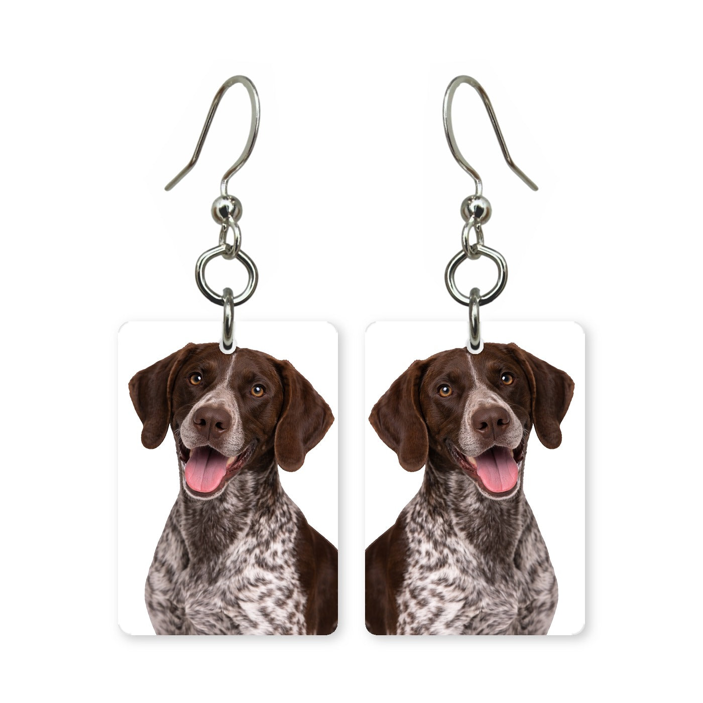 German Shorthaired Pointer earrings — speckled GSP dog portrait in cut paper, made in USA
