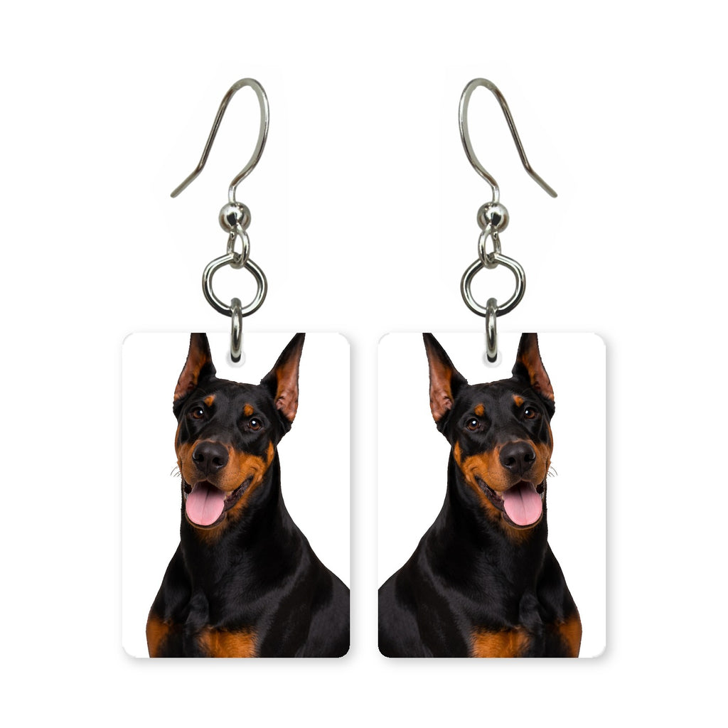 Doberman Pinscher earrings — black and tan Doberman portrait in cut paper, made in USA