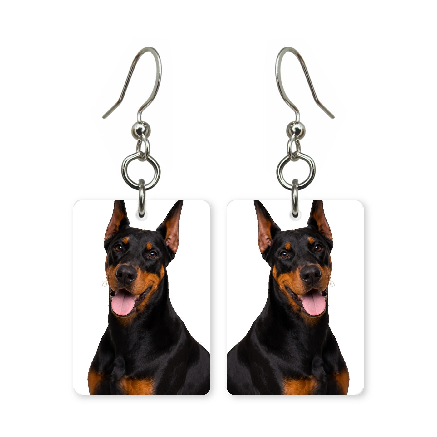 Doberman Pinscher earrings — black and tan Doberman portrait in cut paper, made in USA