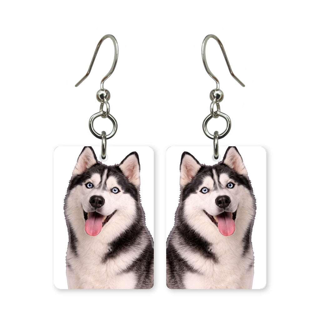 Blue-eyed husky earrings — Siberian husky with pale blue eyes, cut-paper portrait, made in USA
