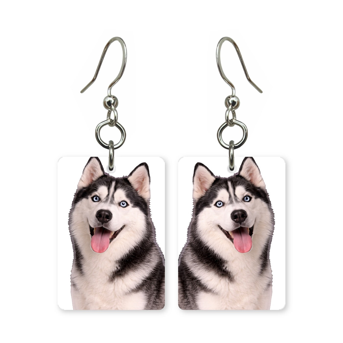 Blue-eyed husky earrings — Siberian husky with pale blue eyes, cut-paper portrait, made in USA