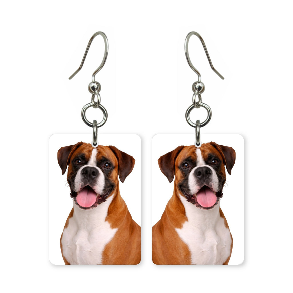 Boxer dog earrings — square-jawed boxer portrait in cut paper, made in USA