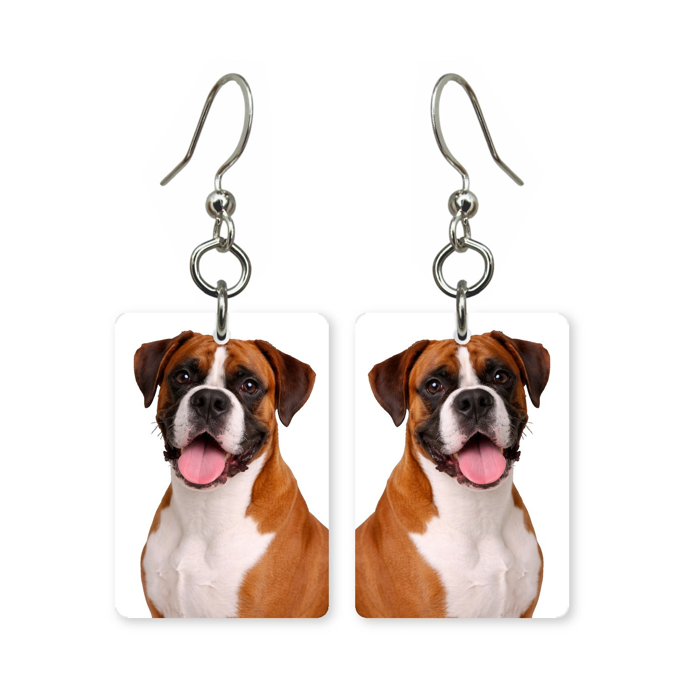 Boxer dog earrings — square-jawed boxer portrait in cut paper, made in USA