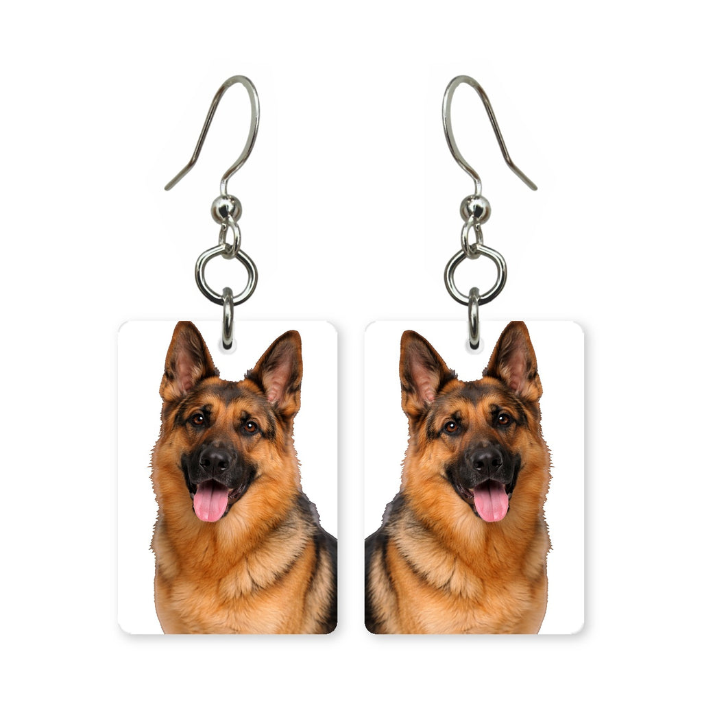 German Shepherd earrings — alert German Shepherd portrait in cut paper, made in USA