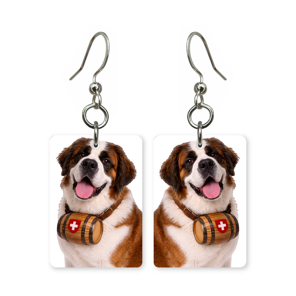 Saint Bernard earrings — broad-faced Saint Bernard portrait in cut paper, made in USA