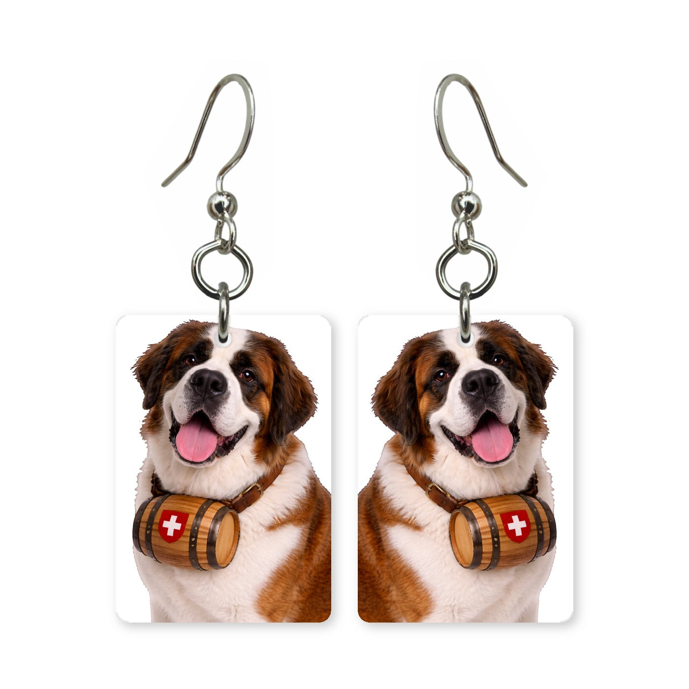 Saint Bernard earrings — broad-faced Saint Bernard portrait in cut paper, made in USA
