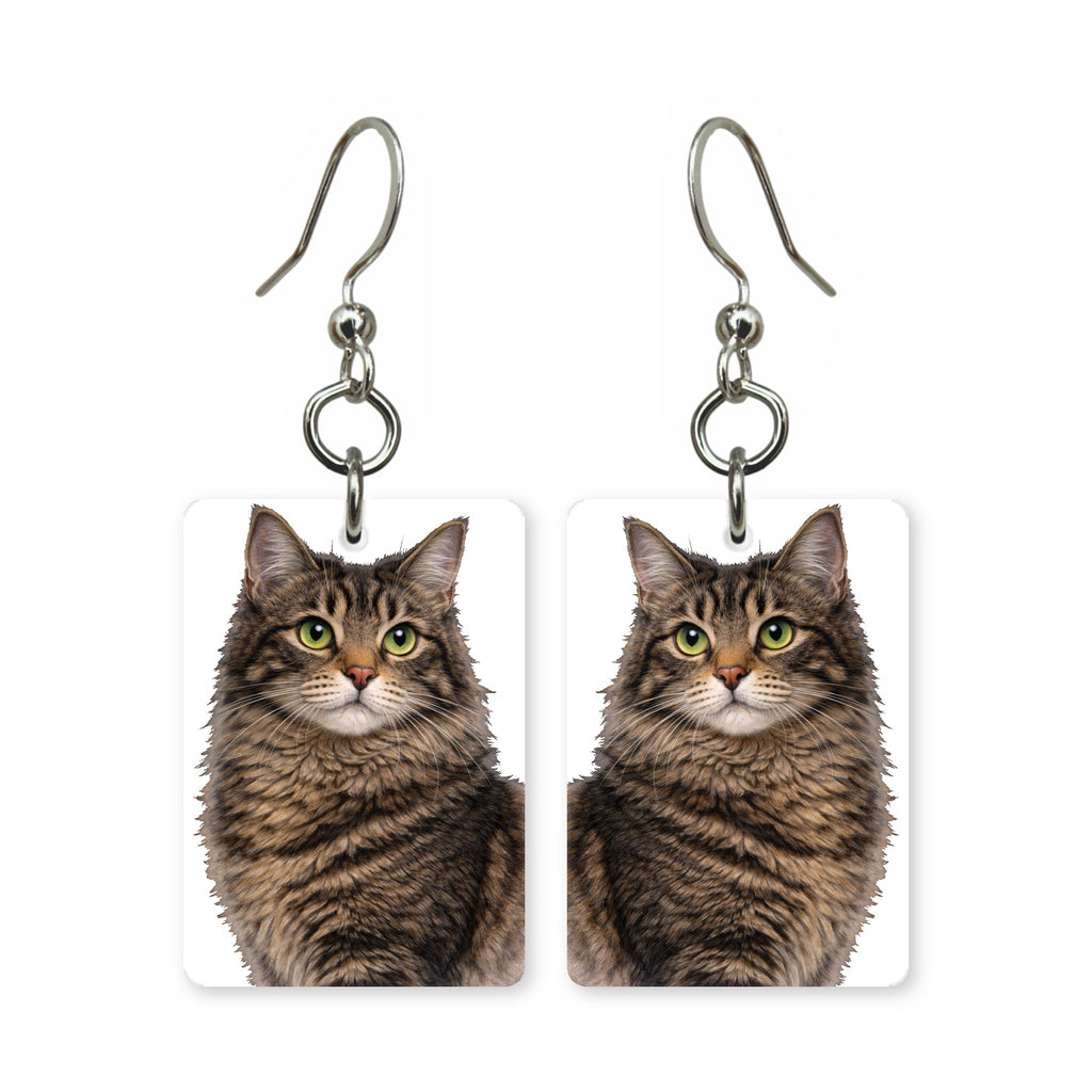 Brown tabby cat earrings — swirl-marked brown tabby portrait in cut paper, made in USA