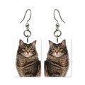 Brown tabby cat earrings — swirl-marked brown tabby portrait in cut paper, made in USA
