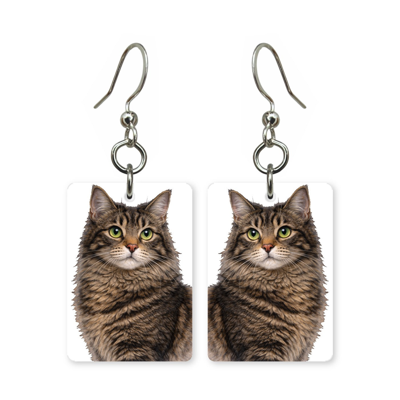 Brown tabby cat earrings — swirl-marked brown tabby portrait in cut paper, made in USA