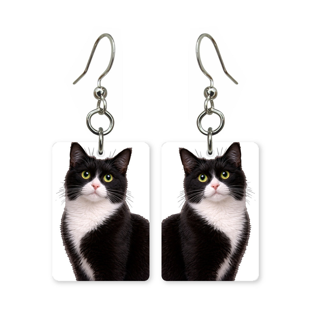 Tuxedo cat earrings — black and white tuxedo cat portrait in cut paper, made in USA