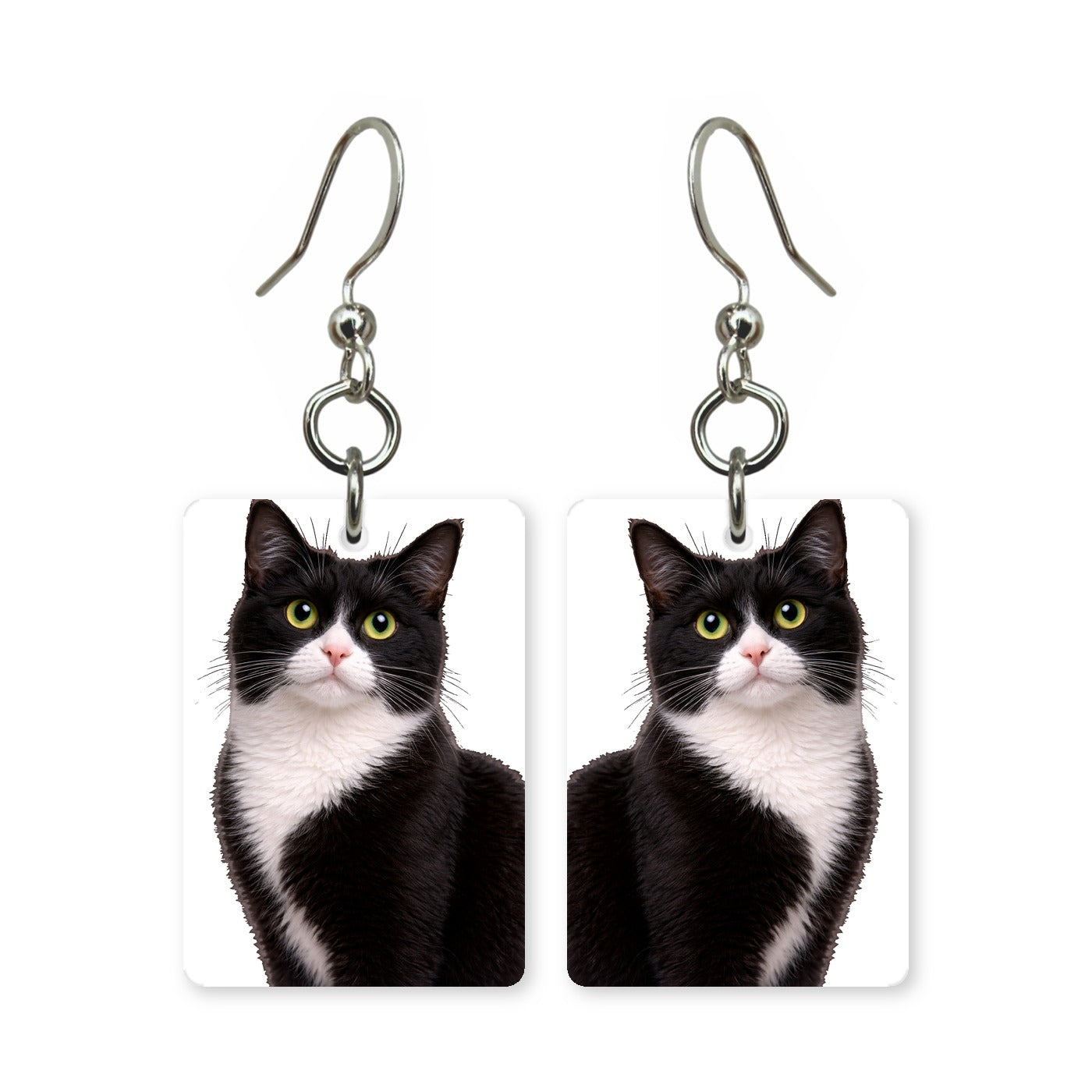 Tuxedo cat earrings — black and white tuxedo cat portrait in cut paper, made in USA