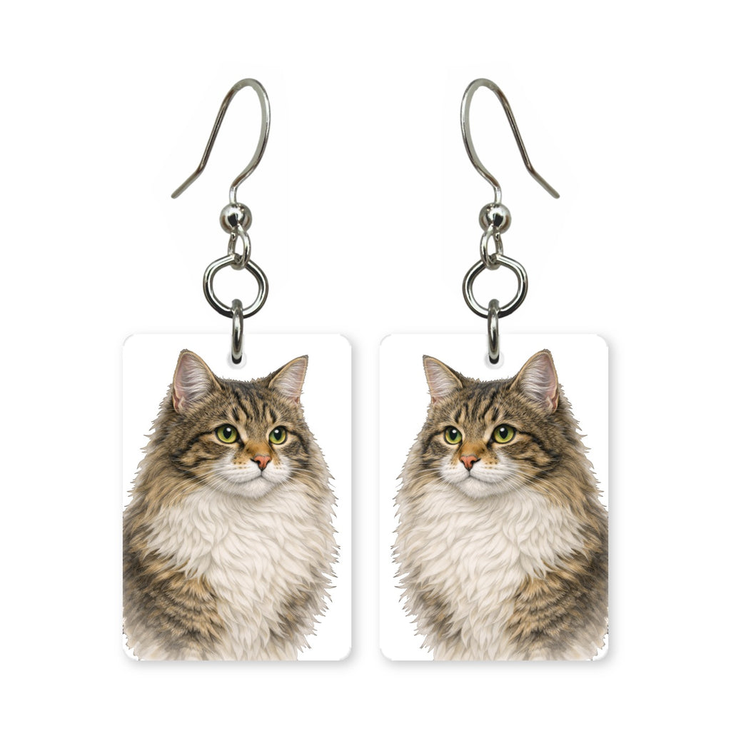 Longhair tabby earrings — long-haired striped cat with full ruff, cut-paper portrait