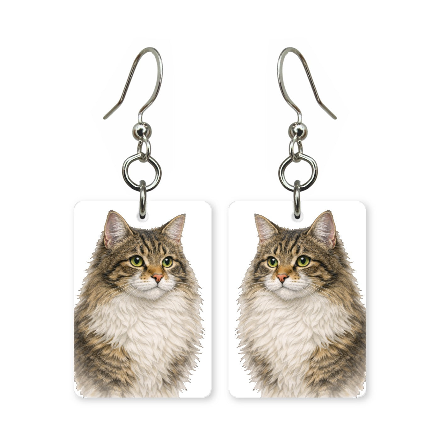 Longhair tabby earrings — long-haired striped cat with full ruff, cut-paper portrait