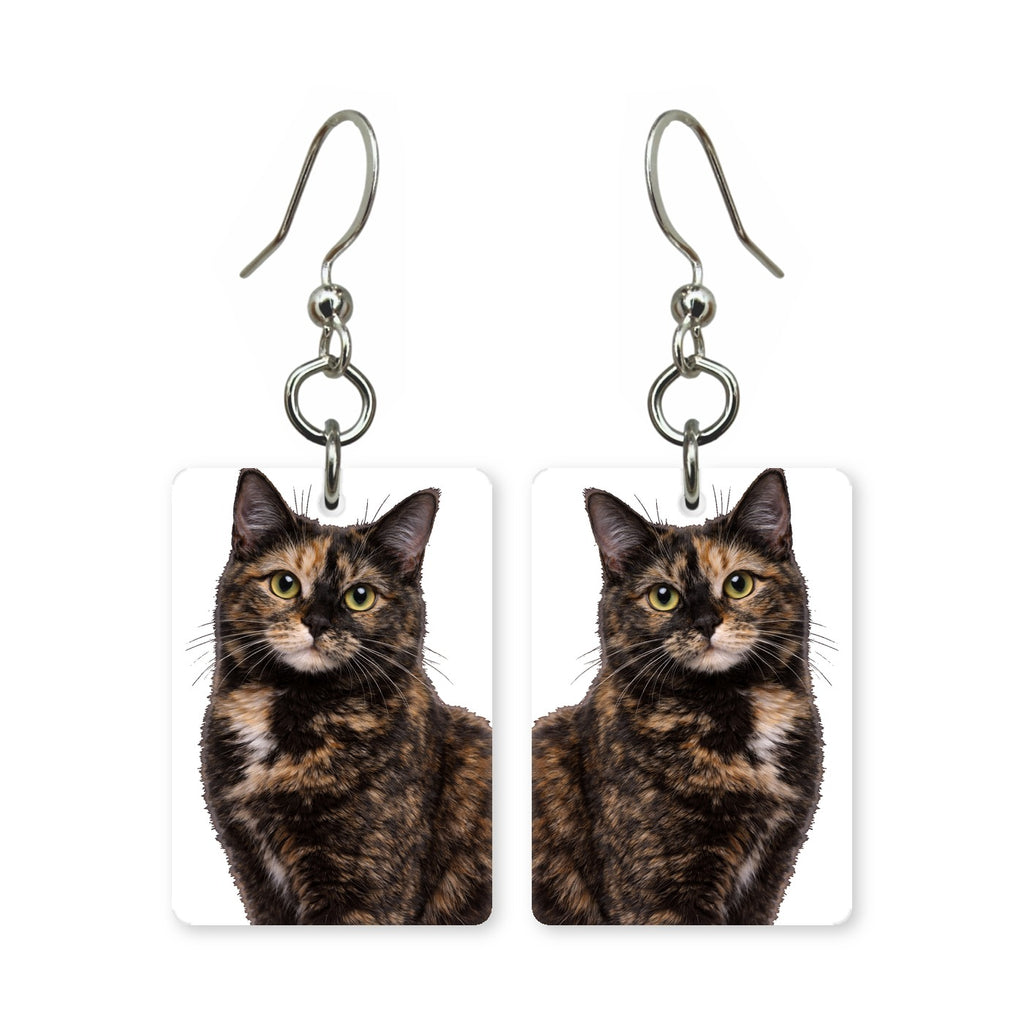 Tortoiseshell cat earrings — patchwork black and orange tortie cat portrait, made in USA