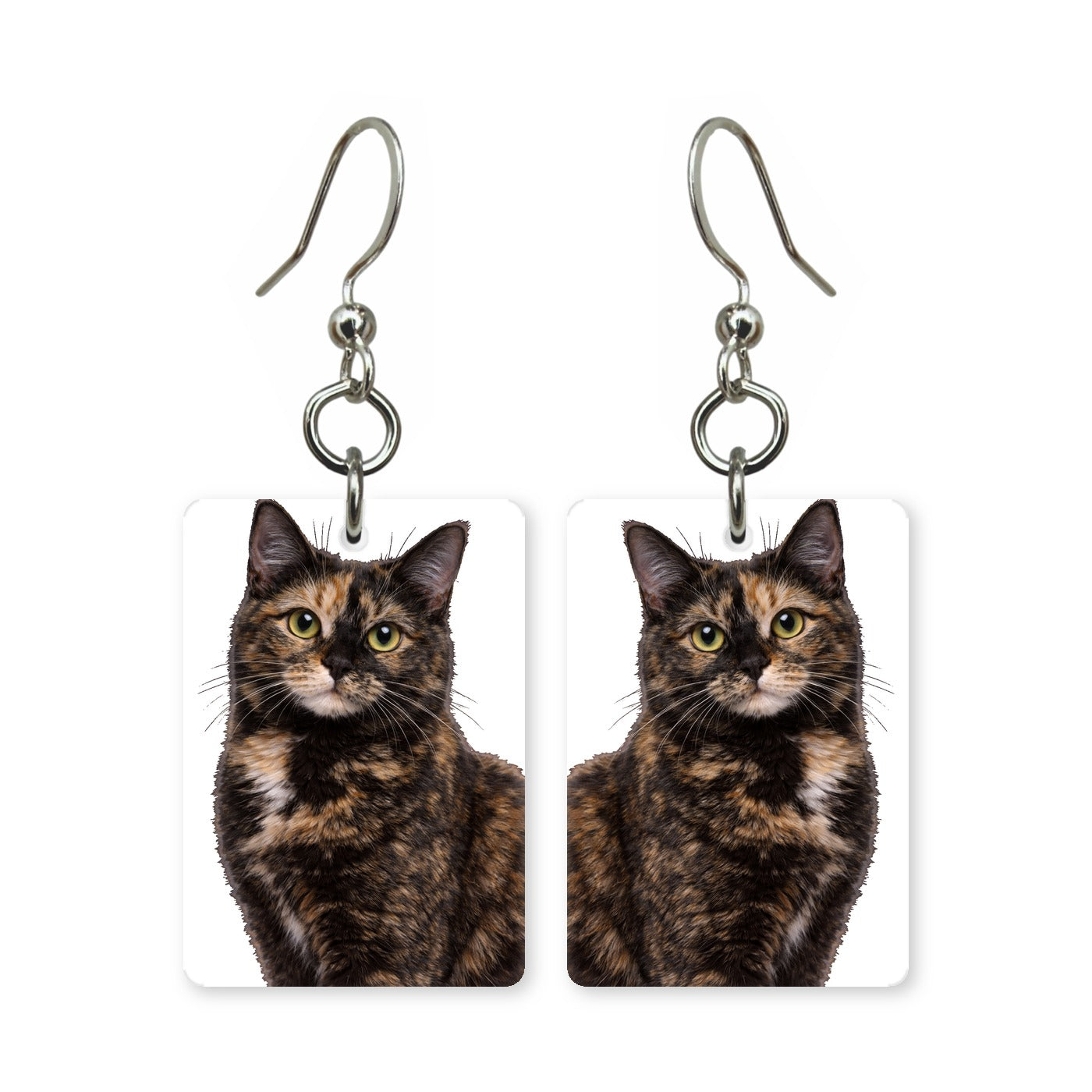 Tortoiseshell cat earrings — patchwork black and orange tortie cat portrait, made in USA