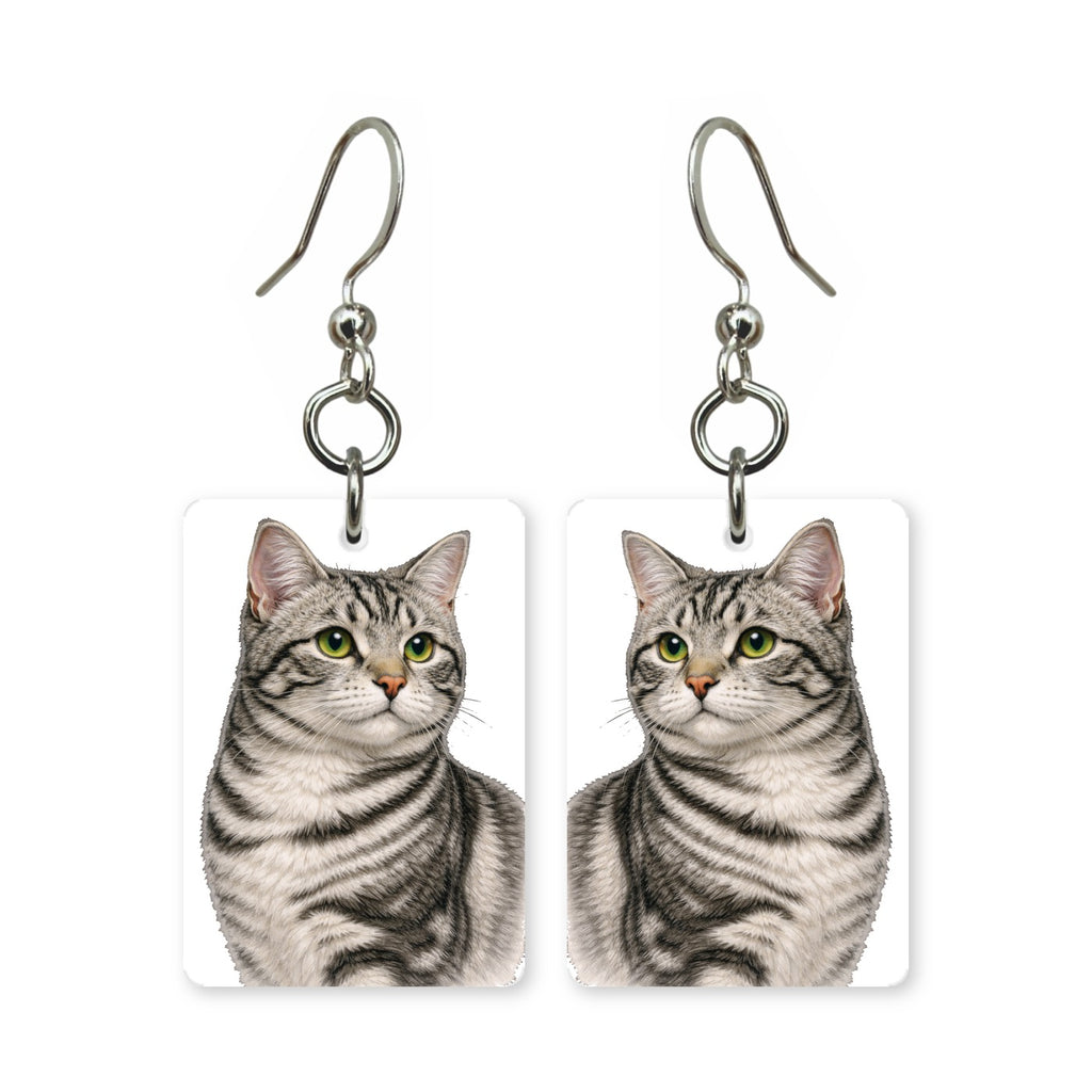 Silver tabby earrings — cool grey banded tabby cat portrait in cut paper, made in USA