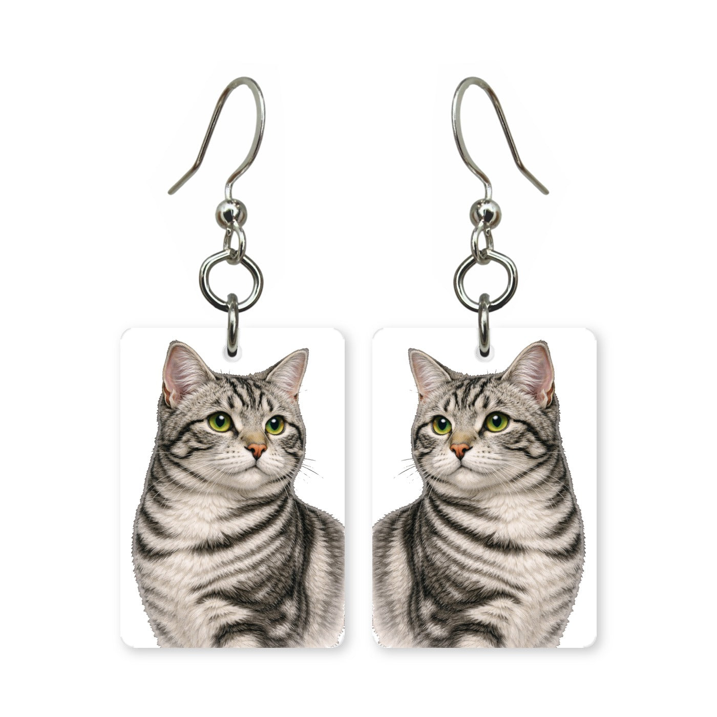 Silver tabby earrings — cool grey banded tabby cat portrait in cut paper, made in USA