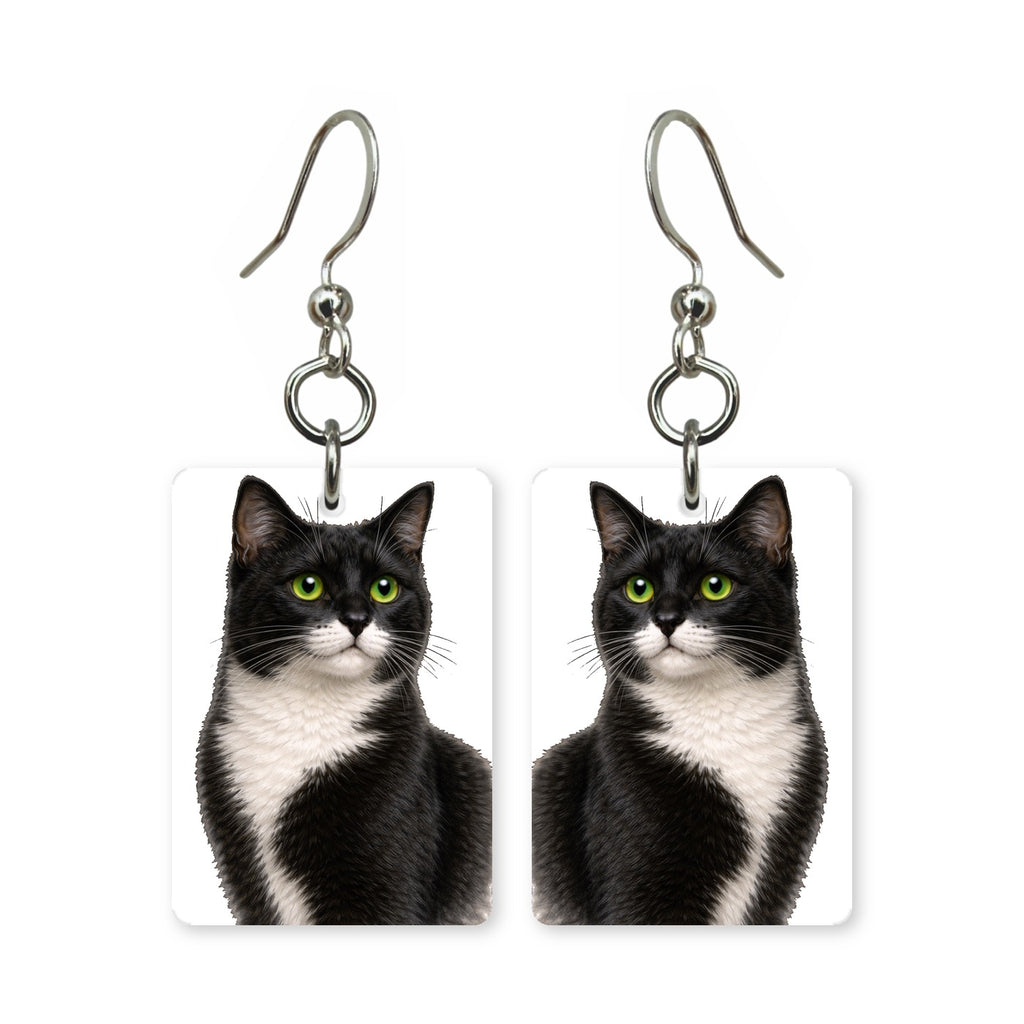 Black and white cat earrings — tuxedo cat portrait in high contrast cut paper, made in USA