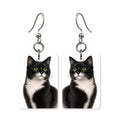 Black and white cat earrings — tuxedo cat portrait in high contrast cut paper, made in USA
