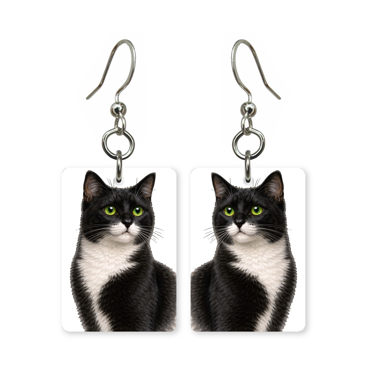 Black and white cat earrings — tuxedo cat portrait in high contrast cut paper, made in USA