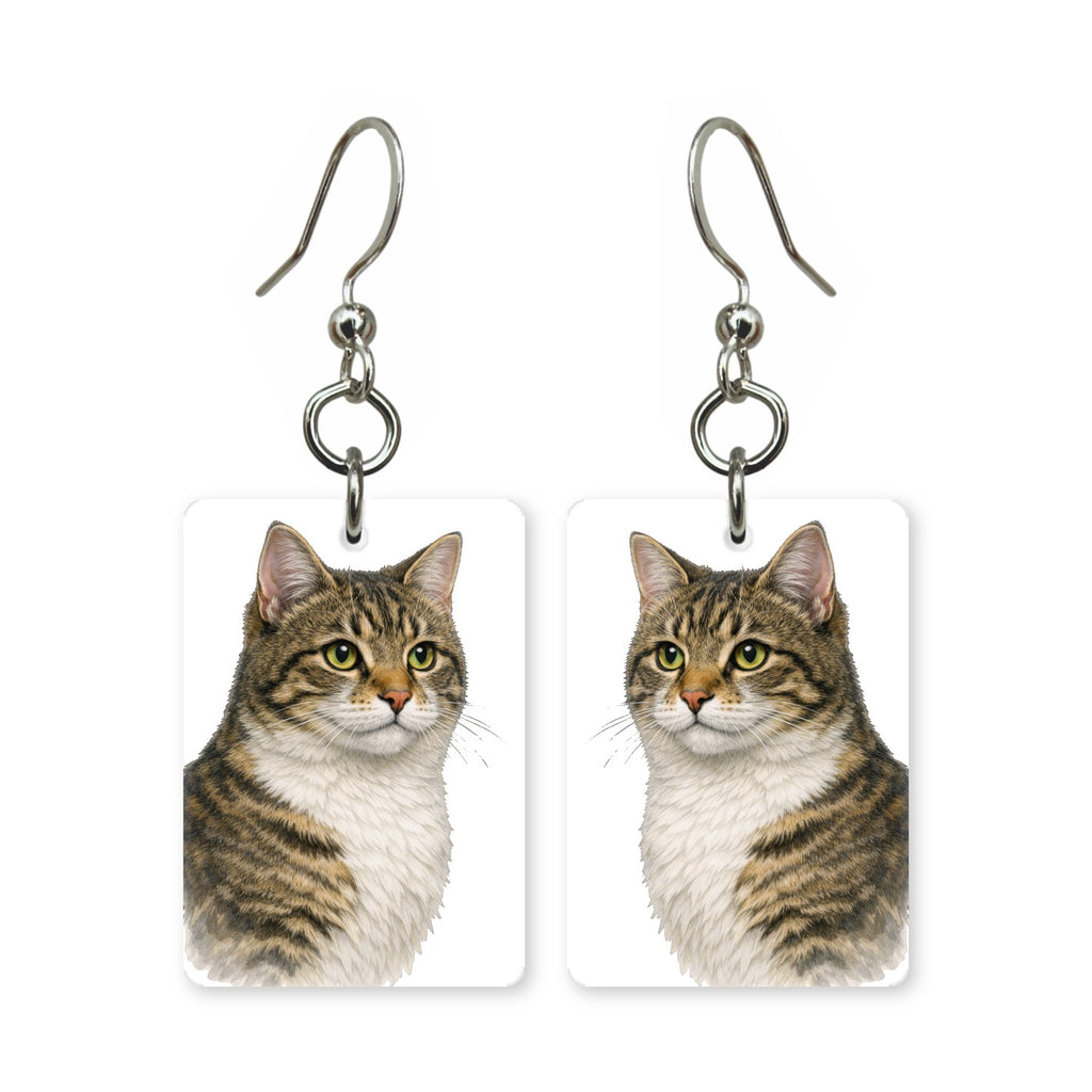 Golden tabby earrings — warm striped tabby cat with green eyes, cut-paper portrait