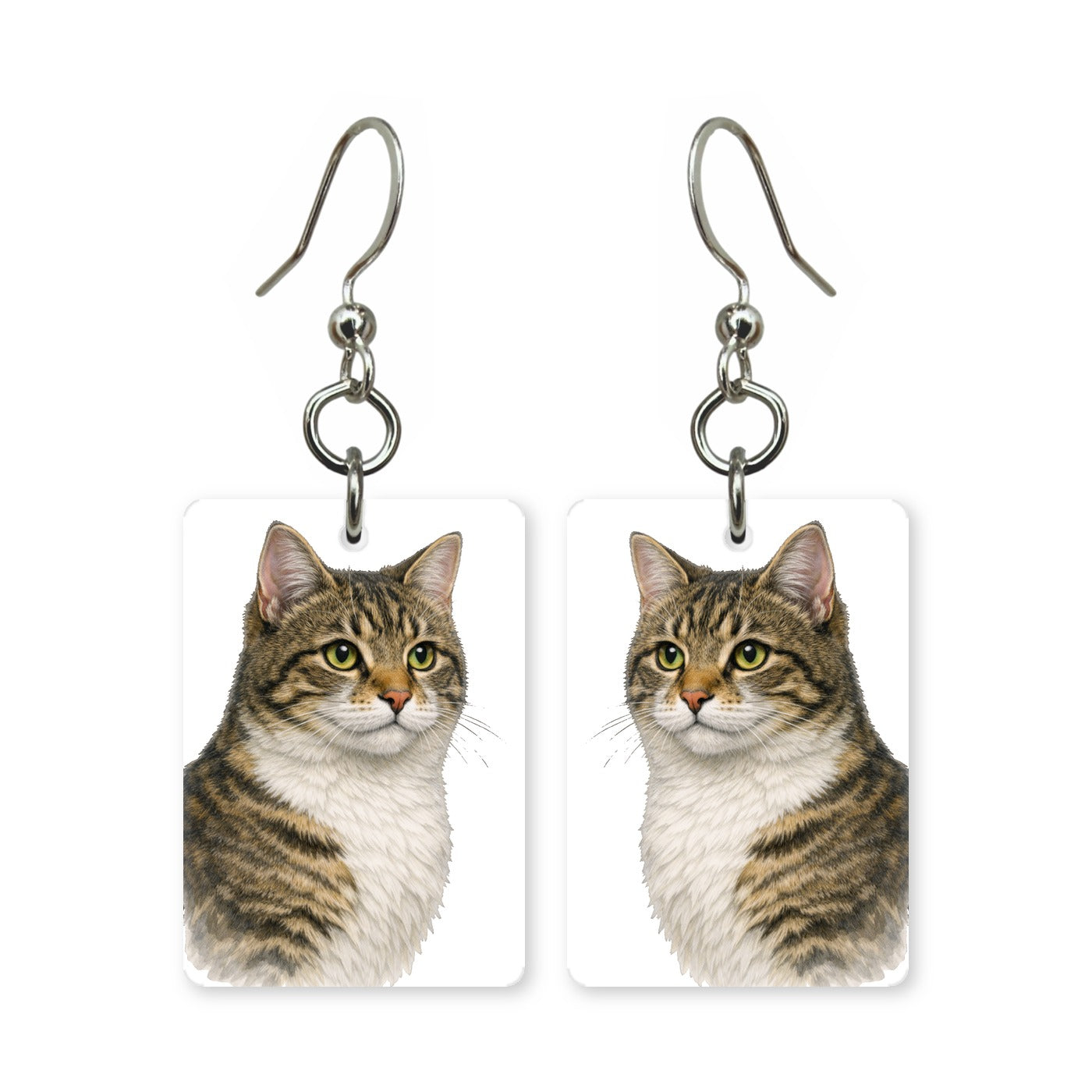 Golden tabby earrings — warm striped tabby cat with green eyes, cut-paper portrait