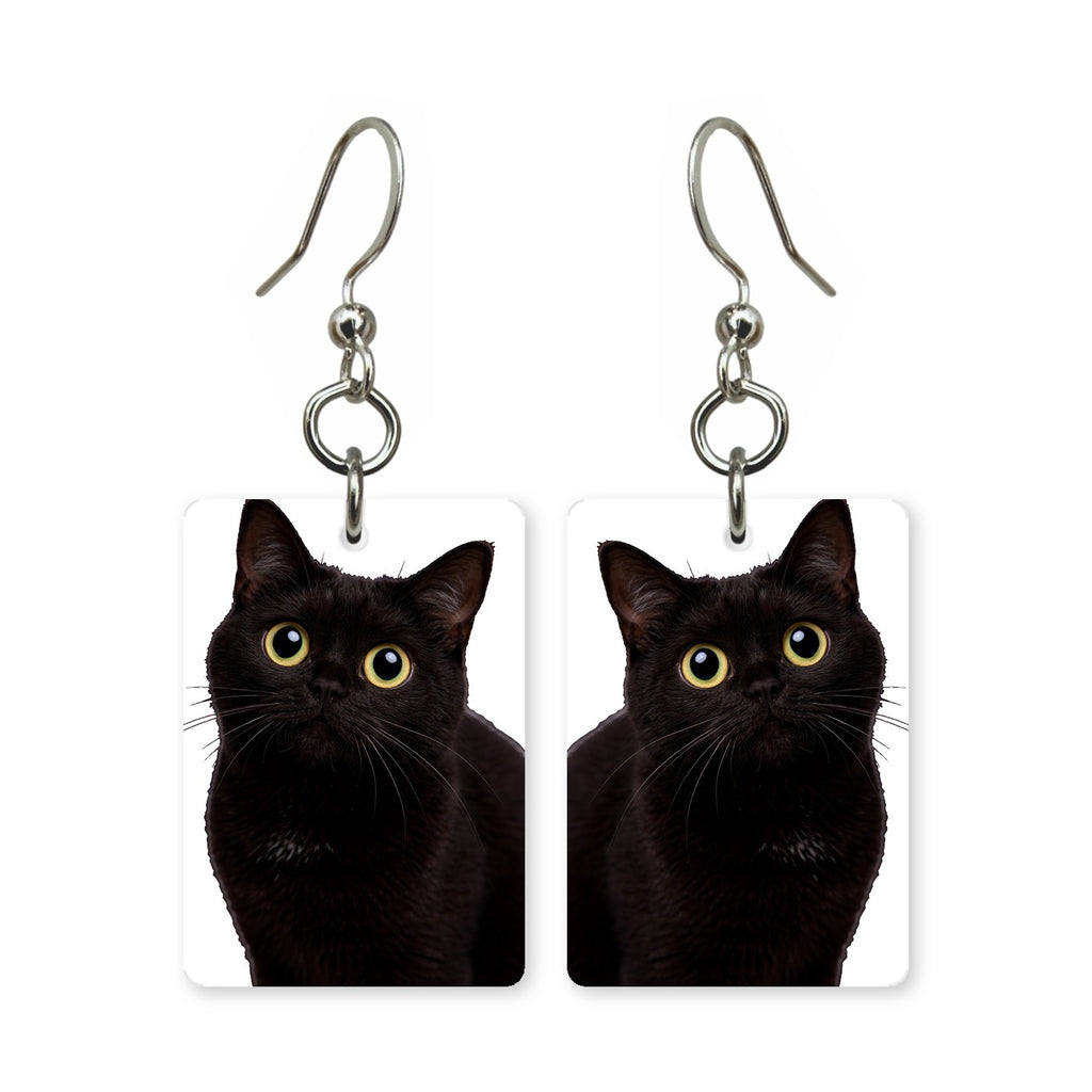 Black cat earrings — black cat silhouette with bright eyes, cut-paper portrait, made in USA