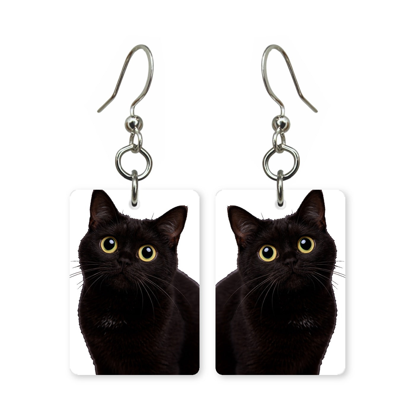 Black cat earrings — black cat silhouette with bright eyes, cut-paper portrait, made in USA
