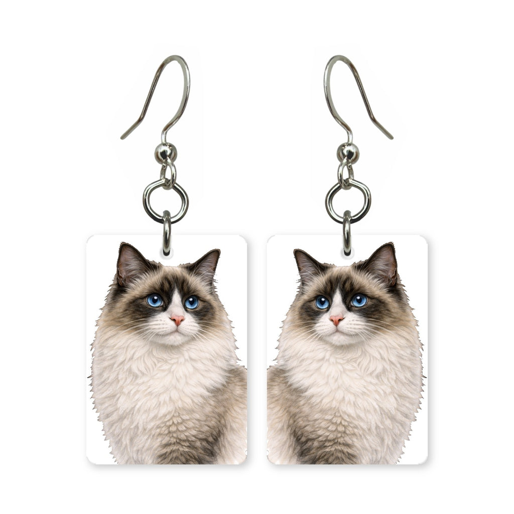 Blue-eyed Ragdoll cat earrings — pointed cat with blue eyes in cut-paper portrait, made in USA