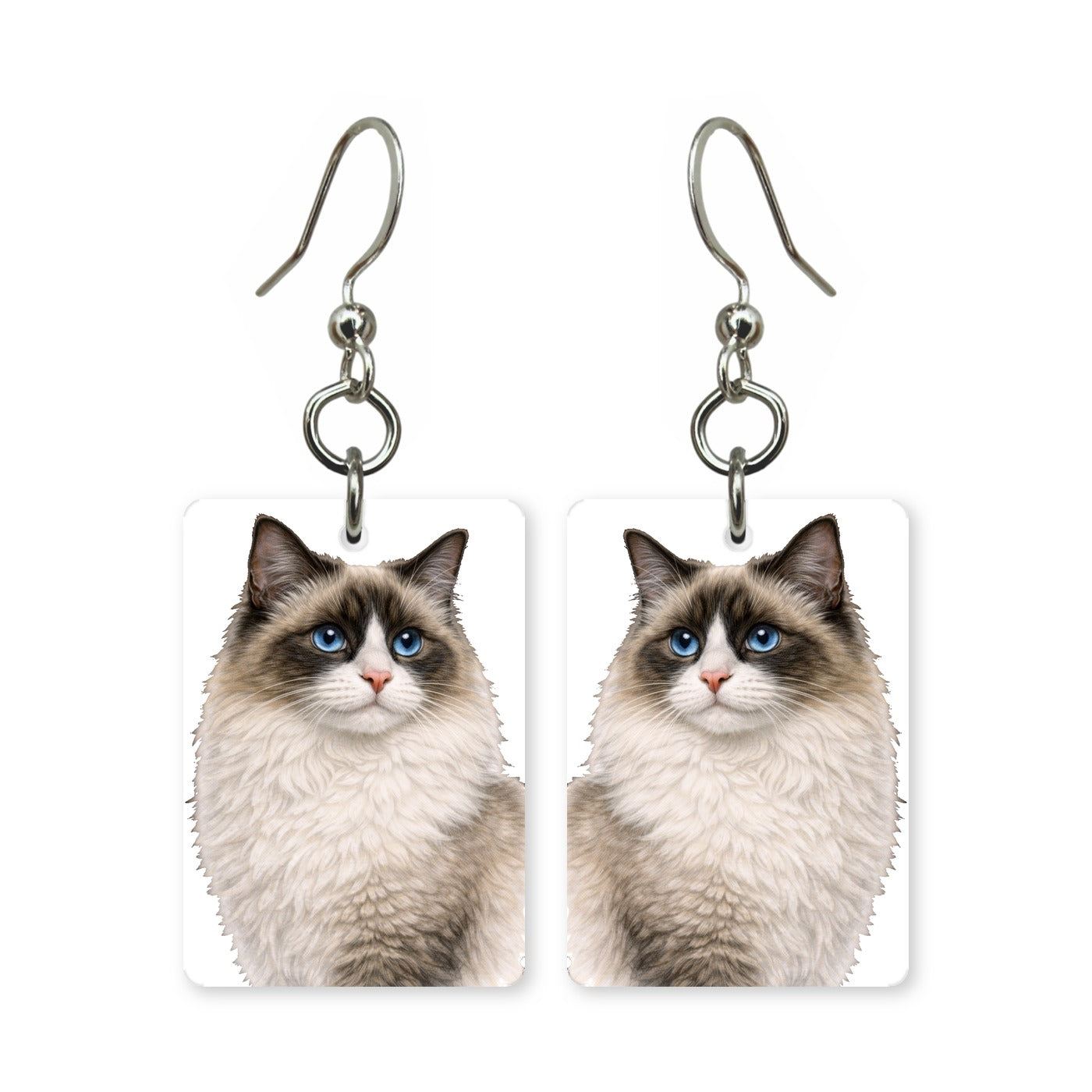 Blue-eyed Ragdoll cat earrings — pointed cat with blue eyes in cut-paper portrait, made in USA