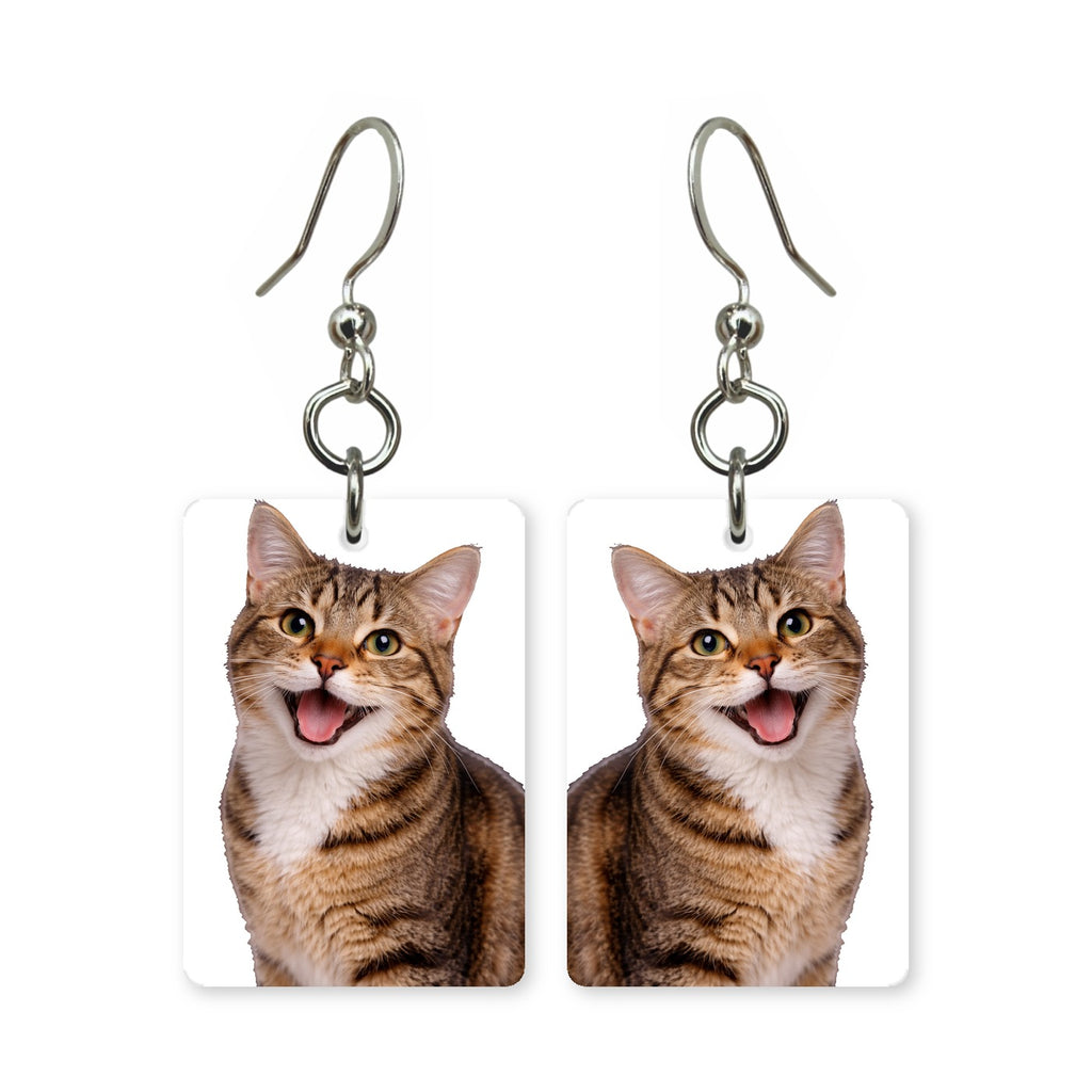 Smiling tabby cat earrings — striped tabby cat mid-smile in cut-paper portrait, made in USA