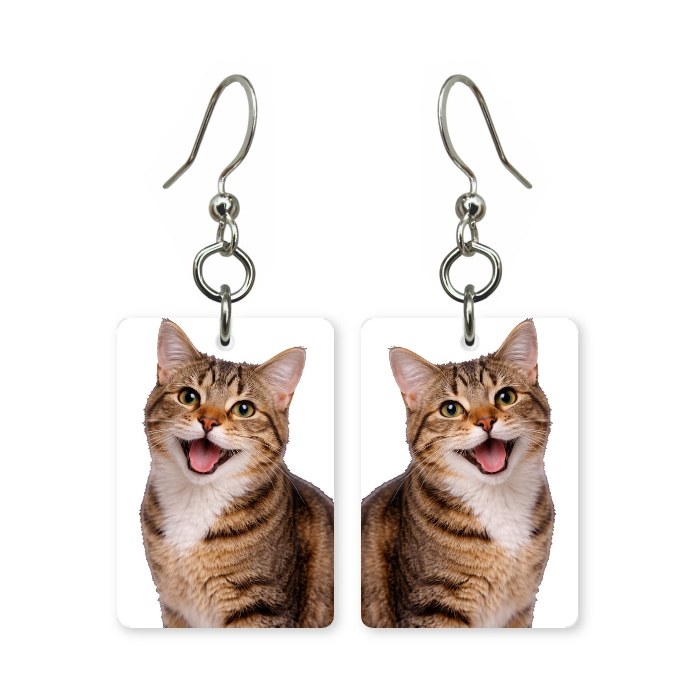 Smiling tabby cat earrings — striped tabby cat mid-smile in cut-paper portrait, made in USA