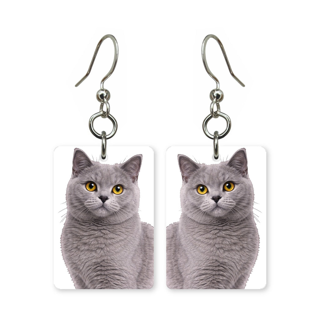British Shorthair earrings — round-faced blue-grey cat portrait in cut paper, made in USA