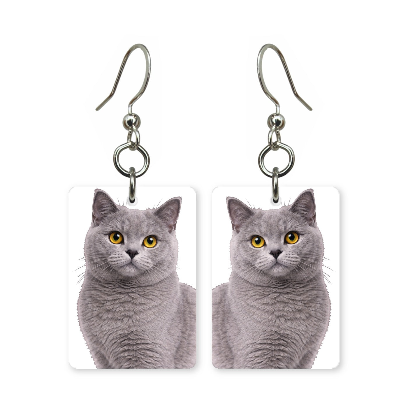 British Shorthair earrings — round-faced blue-grey cat portrait in cut paper, made in USA