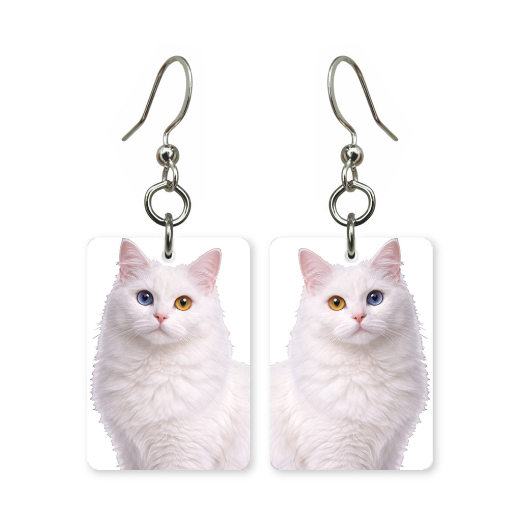 Odd-eyed white cat earrings — white cat with one blue and one gold eye, made in USA