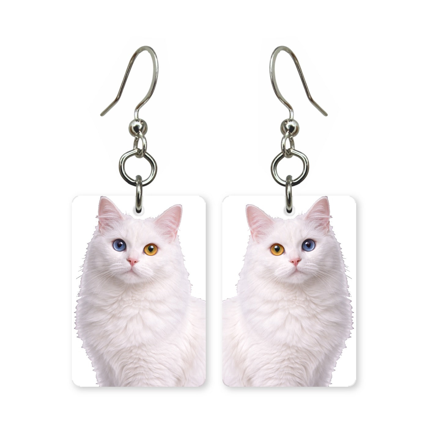 Odd-eyed white cat earrings — white cat with one blue and one gold eye, made in USA