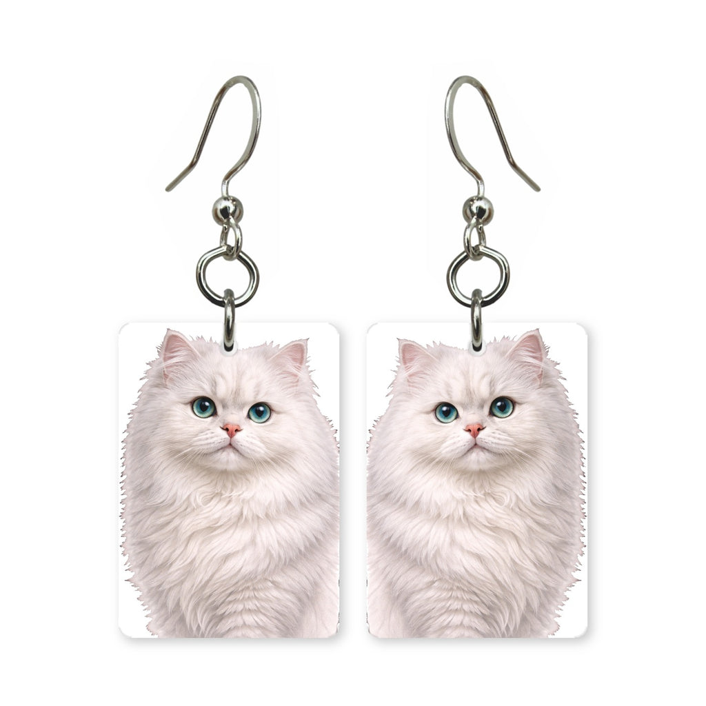 White Persian cat earrings — flat-faced white long-haired cat portrait, made in USA