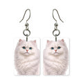 White Persian cat earrings — flat-faced white long-haired cat portrait, made in USA