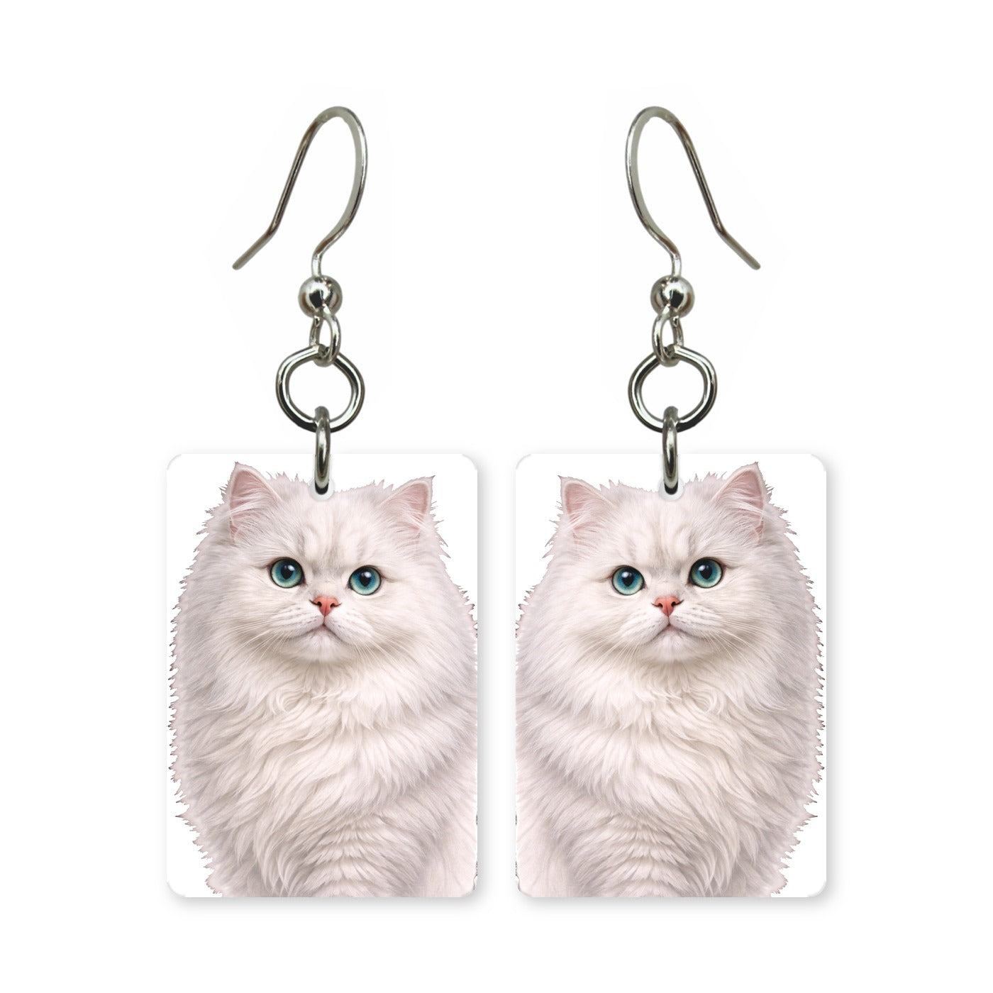 White Persian cat earrings — flat-faced white long-haired cat portrait, made in USA