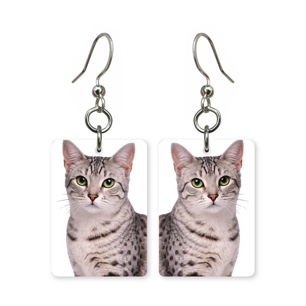 Egyptian Mau earrings — spotted cat breed portrait in cut paper, made in USA