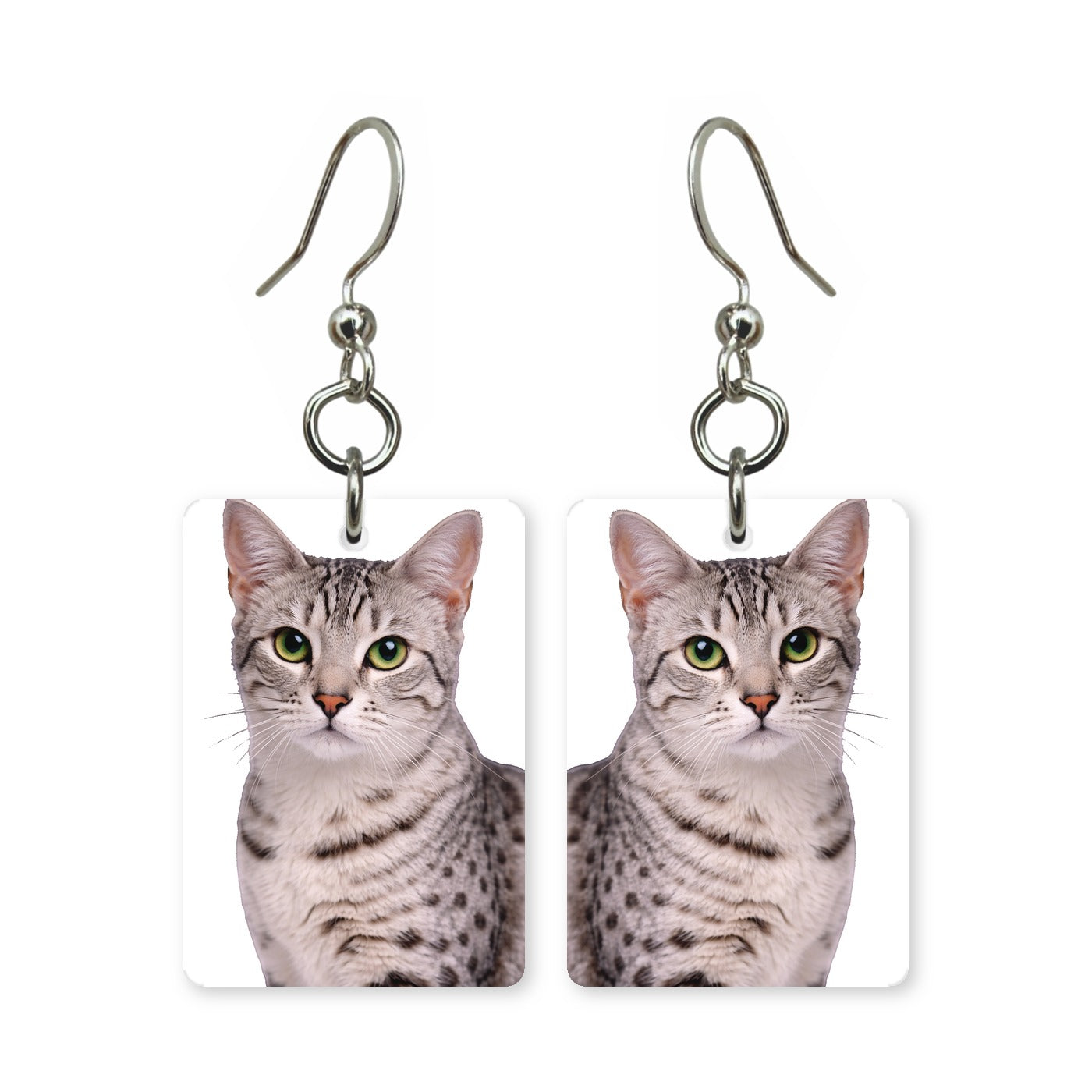 Egyptian Mau earrings — spotted cat breed portrait in cut paper, made in USA