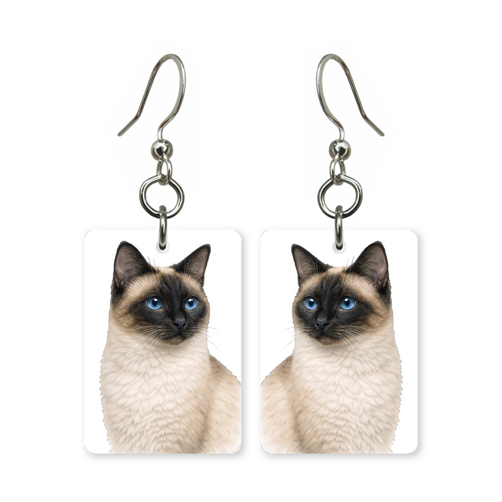 Siamese cat earrings — pointed cat with blue eyes in cut-paper portrait, made in USA