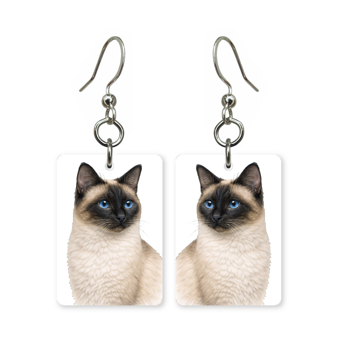 Siamese cat earrings — pointed cat with blue eyes in cut-paper portrait, made in USA