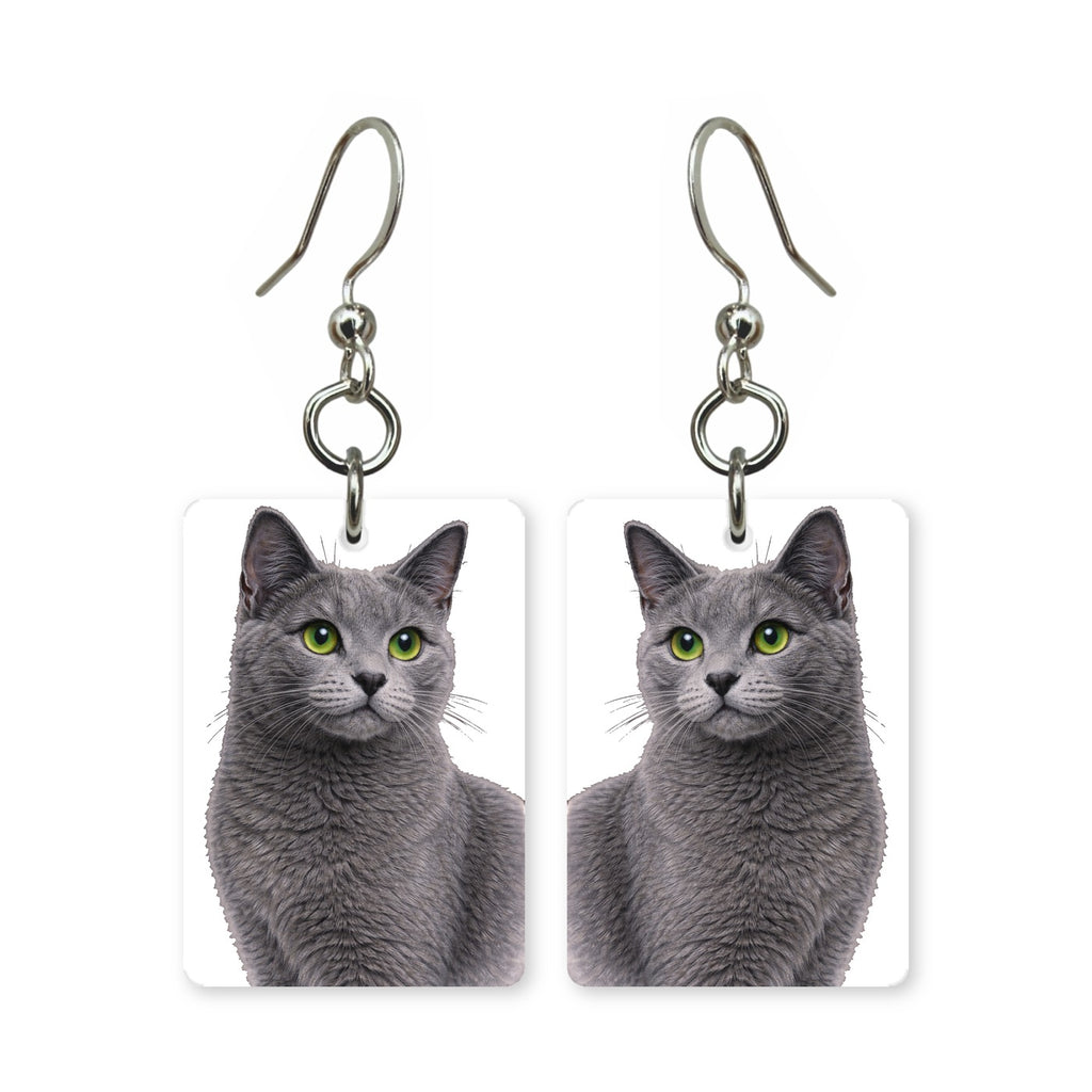 Russian Blue cat earrings — silver-blue cat with green eyes, cut-paper portrait, made in USA