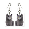 Russian Blue cat earrings — silver-blue cat with green eyes, cut-paper portrait, made in USA