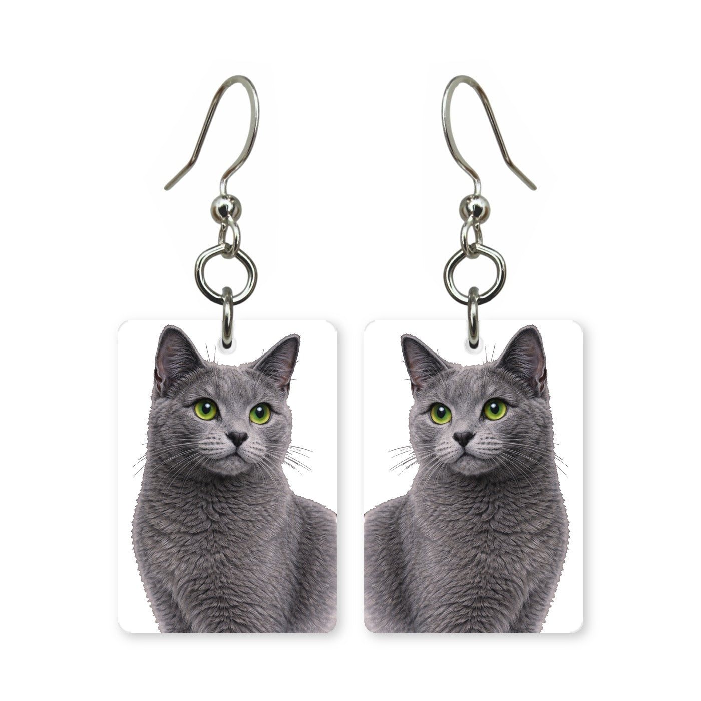 Russian Blue cat earrings — silver-blue cat with green eyes, cut-paper portrait, made in USA